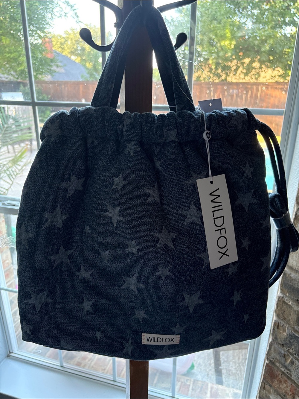 Wildfox Denim Star-Print Drawstring Tote/Backpack
